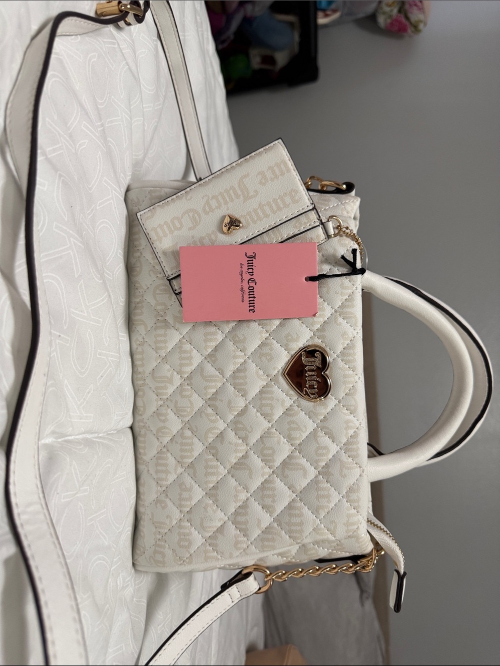 Juicy Couture Cream Quilted Top-Handle Satchel with Gold Hardware